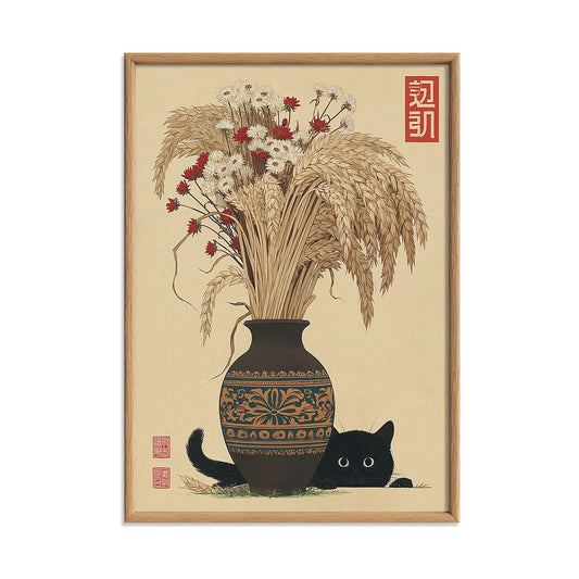 Black Cat Wall Art, Japanese Floral Poster Print, Vintage Vase Picture, Whimsical Botanical Decor