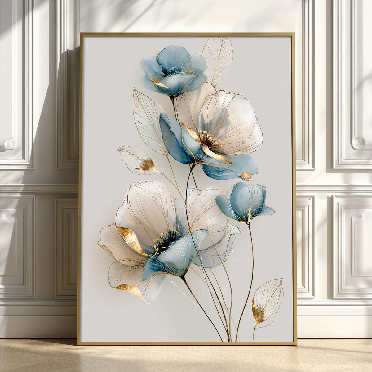 Soft Blue Floral Poster Print, Elegant Botanical Wall Art, Gold Line Flower Picture, Minimalist Bedroom Decor