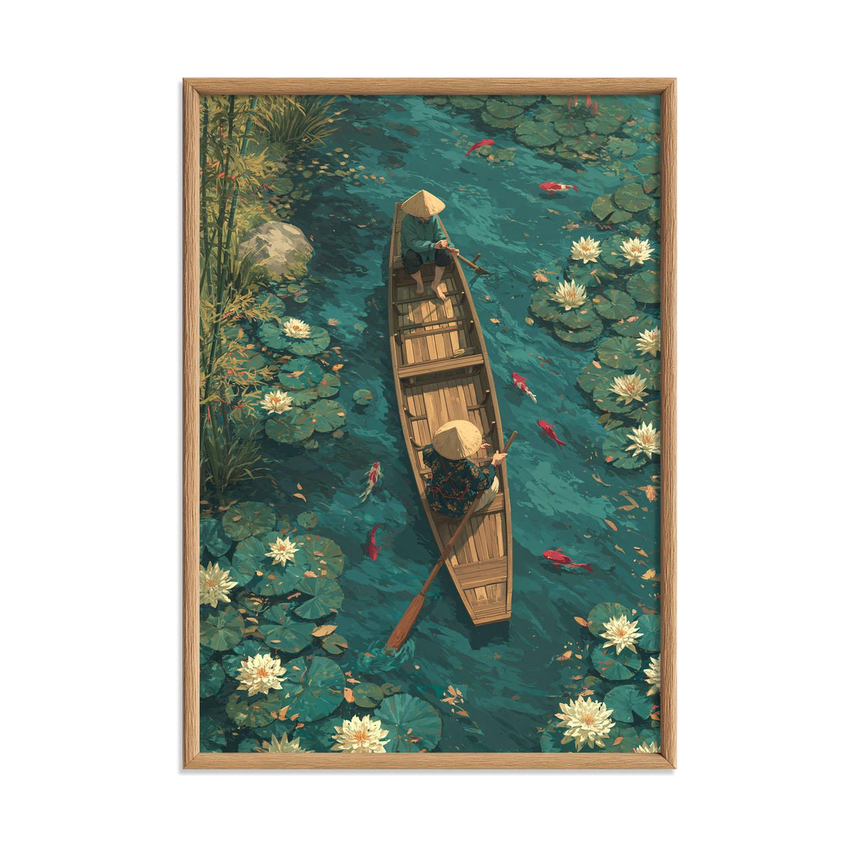 Serene Lotus Pond Poster Print, Asian Garden Wall Art, Koi Fish Picture, Peaceful Boat Scene