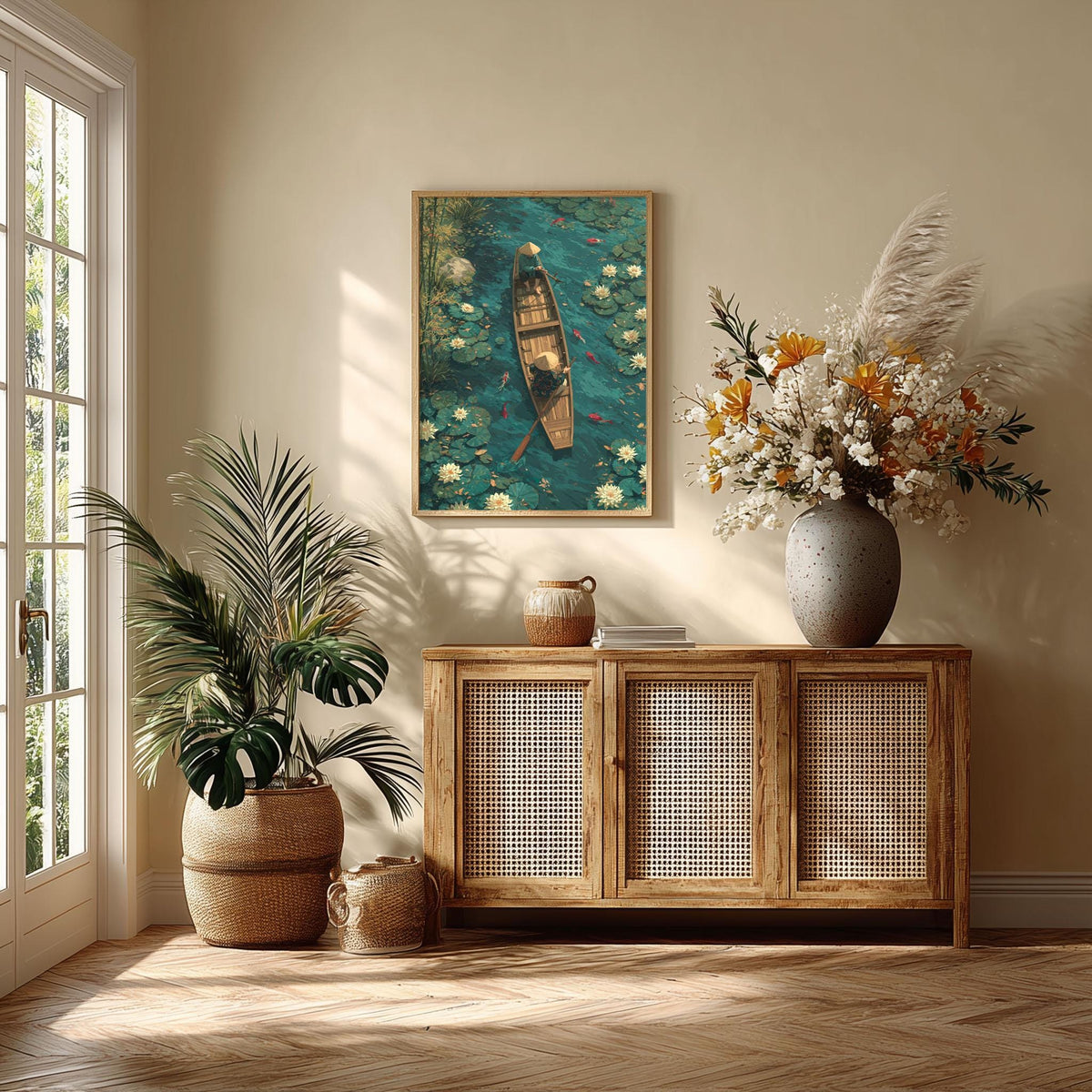 Serene Lotus Pond Poster Print, Asian Garden Wall Art, Koi Fish Picture, Peaceful Boat Scene