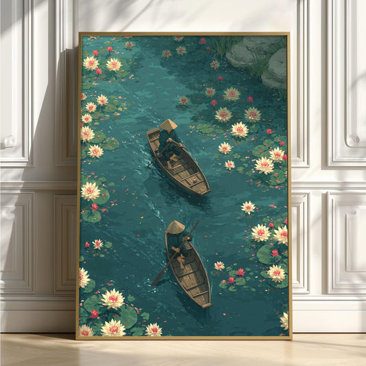 Koi Pond Poster Print, Japanese Garden Wall Art, Lotus Flower Picture, Boat Scene Wall Decor