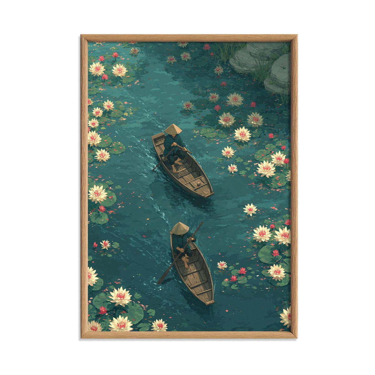Koi Pond Poster Print, Japanese Garden Wall Art, Lotus Flower Picture, Boat Scene Wall Decor