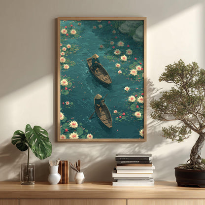 Koi Pond Poster Print, Japanese Garden Wall Art, Lotus Flower Picture, Boat Scene Wall Decor