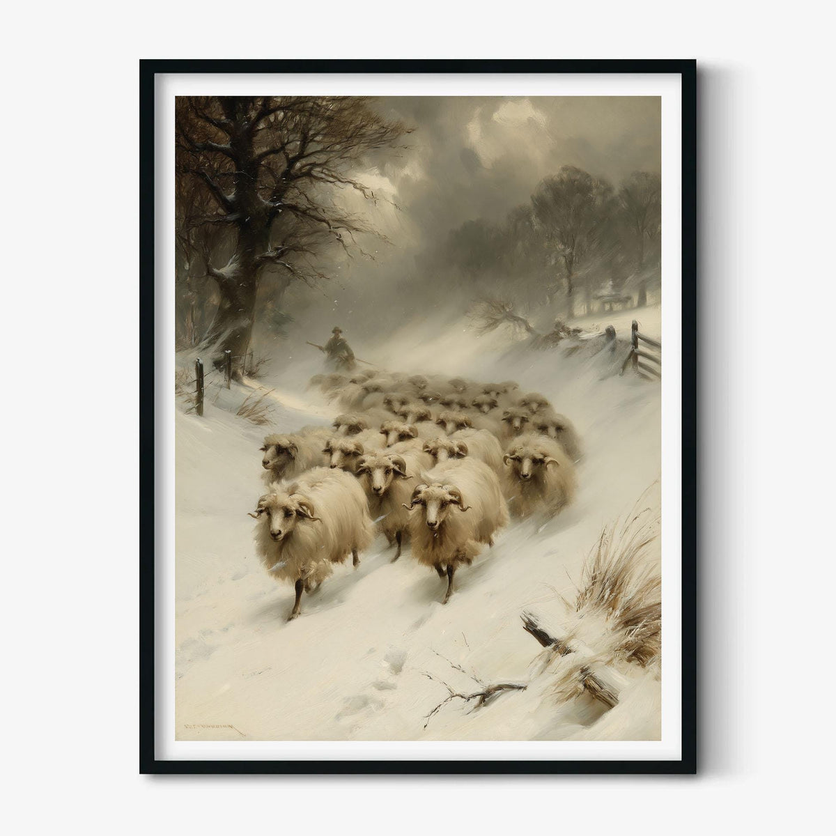 Winter Sheep Poster Print, Farmhouse Wall Art, Snowy Countryside Picture, Rustic Farm Animal Decor