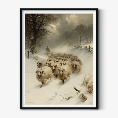 Winter Sheep Poster Print, Farmhouse Wall Art, Snowy Countryside Picture, Rustic Farm Animal Decor