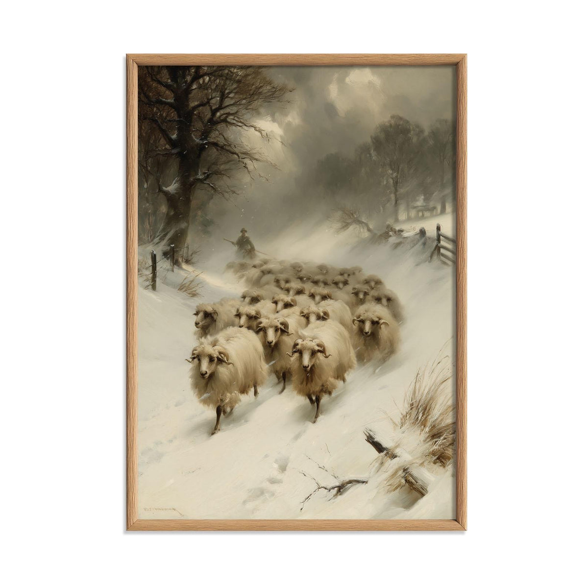 Winter Sheep Poster Print, Farmhouse Wall Art, Snowy Countryside Picture, Rustic Farm Animal Decor
