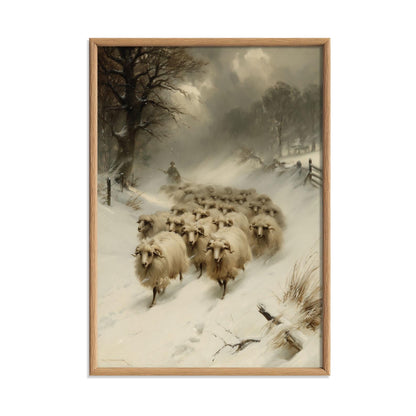 Winter Sheep Poster Print, Farmhouse Wall Art, Snowy Countryside Picture, Rustic Farm Animal Decor