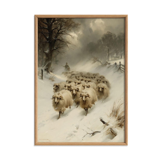Winter Sheep Poster Print, Farmhouse Wall Art, Snowy Countryside Picture, Rustic Farm Animal Decor