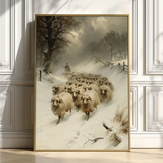 Winter Sheep Poster Print, Farmhouse Wall Art, Snowy Countryside Picture, Rustic Farm Animal Decor