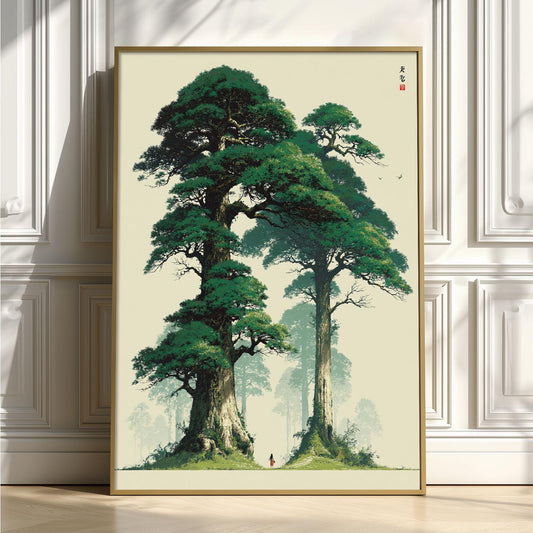 Zen Forest Poster Print, Japanese Tree Wall Art, Green Nature Picture, Asian Landscape Decor