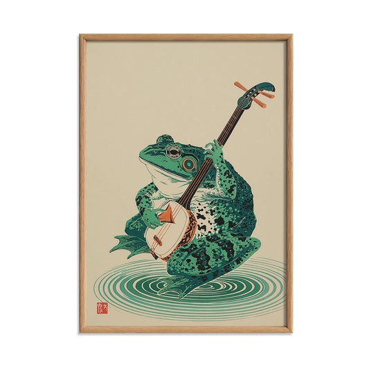 Japanese Frog Playing Banjo Print, Zen Forest Wall Art, Woodland Nature Decor