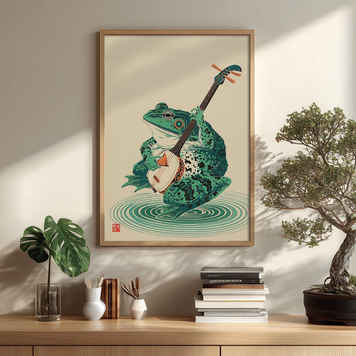 Japanese Frog Playing Banjo Print, Zen Forest Wall Art, Woodland Nature Decor