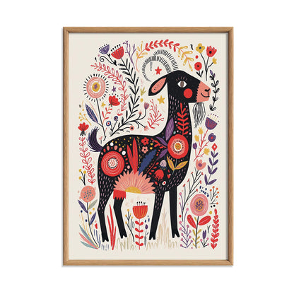 Folk Art Goat Poster Print, Colourful Farm Animal Wall Art, Floral Goat Picture, Kids Room Decor