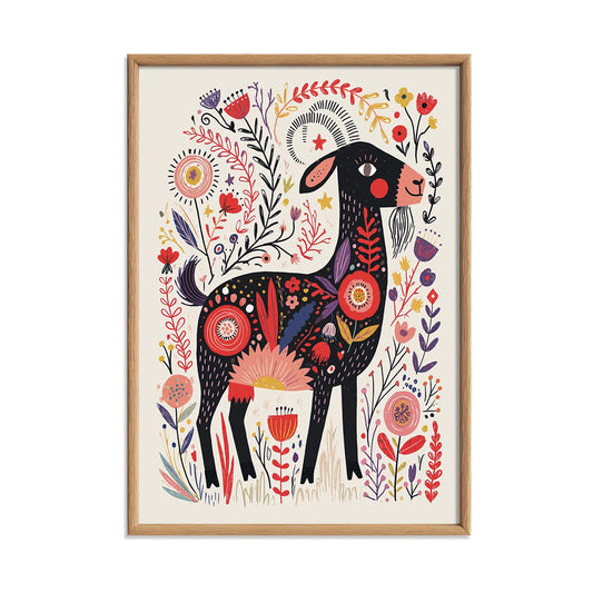 Folk Art Goat Poster Print, Colourful Farm Animal Wall Art, Floral Goat Picture, Kids Room Decor