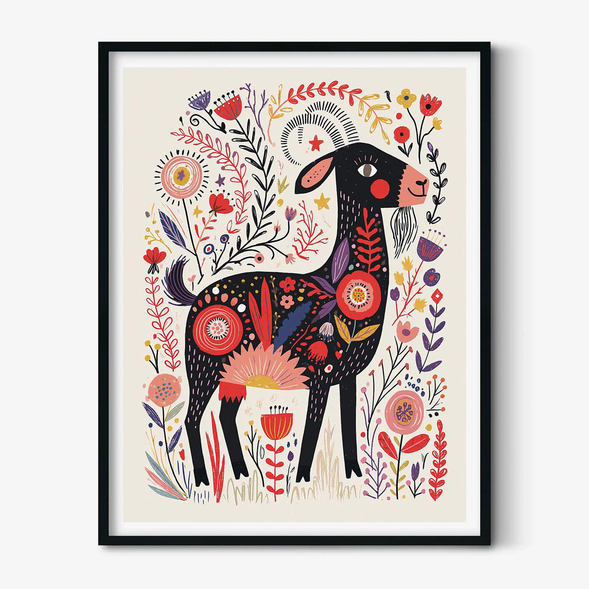 Folk Art Goat Poster Print, Colourful Farm Animal Wall Art, Floral Goat Picture, Kids Room Decor