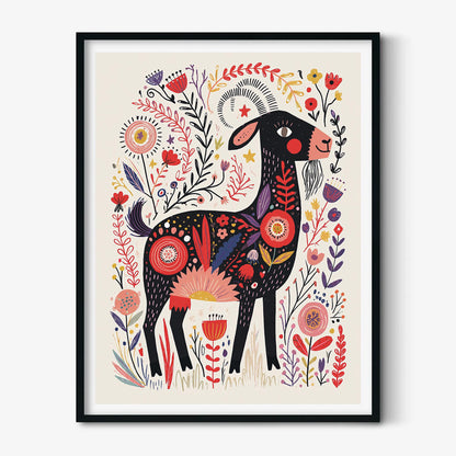 Folk Art Goat Poster Print, Colourful Farm Animal Wall Art, Floral Goat Picture, Kids Room Decor