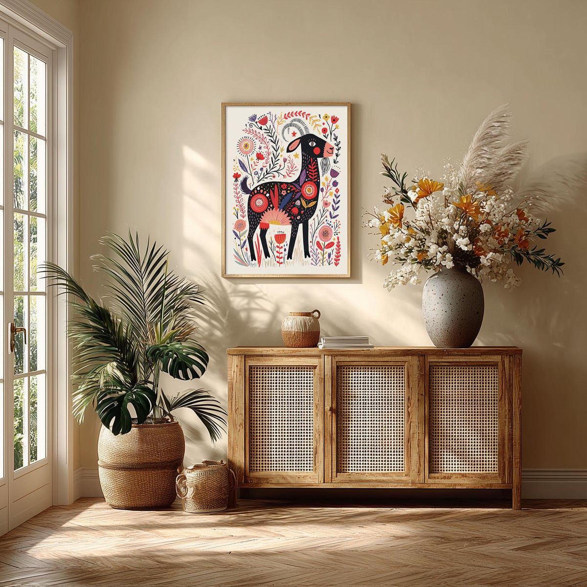 Folk Art Goat Poster Print, Colourful Farm Animal Wall Art, Floral Goat Picture, Kids Room Decor