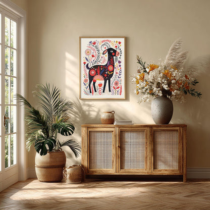 Folk Art Goat Poster Print, Colourful Farm Animal Wall Art, Floral Goat Picture, Kids Room Decor