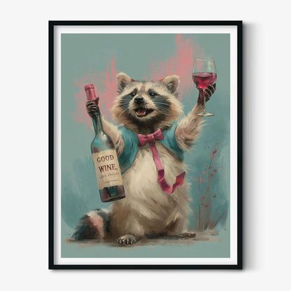 Funny Raccoon Wine Lover Poster Print, Party Animal Wall Art, Home Bar Decor
