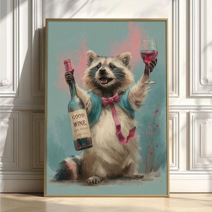 Funny Raccoon Wine Lover Poster Print, Party Animal Wall Art, Home Bar Decor