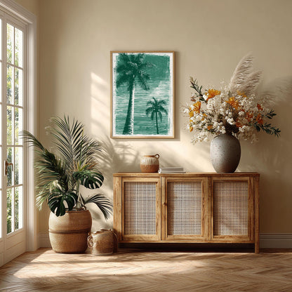 Tropical Palm Tree Poster Print, Green Coastal Wall Art, Beach House Picture, Summer Travel Decor