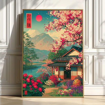 Cherry Blossom Poster Print, Japanese Garden Wall Art, Mountain Lake Picture, Japan Travel Decor