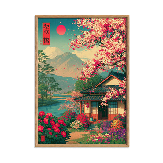 Cherry Blossom Poster Print, Japanese Garden Wall Art, Mountain Lake Picture, Japan Travel Decor