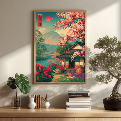 Cherry Blossom Poster Print, Japanese Garden Wall Art, Mountain Lake Picture, Japan Travel Decor