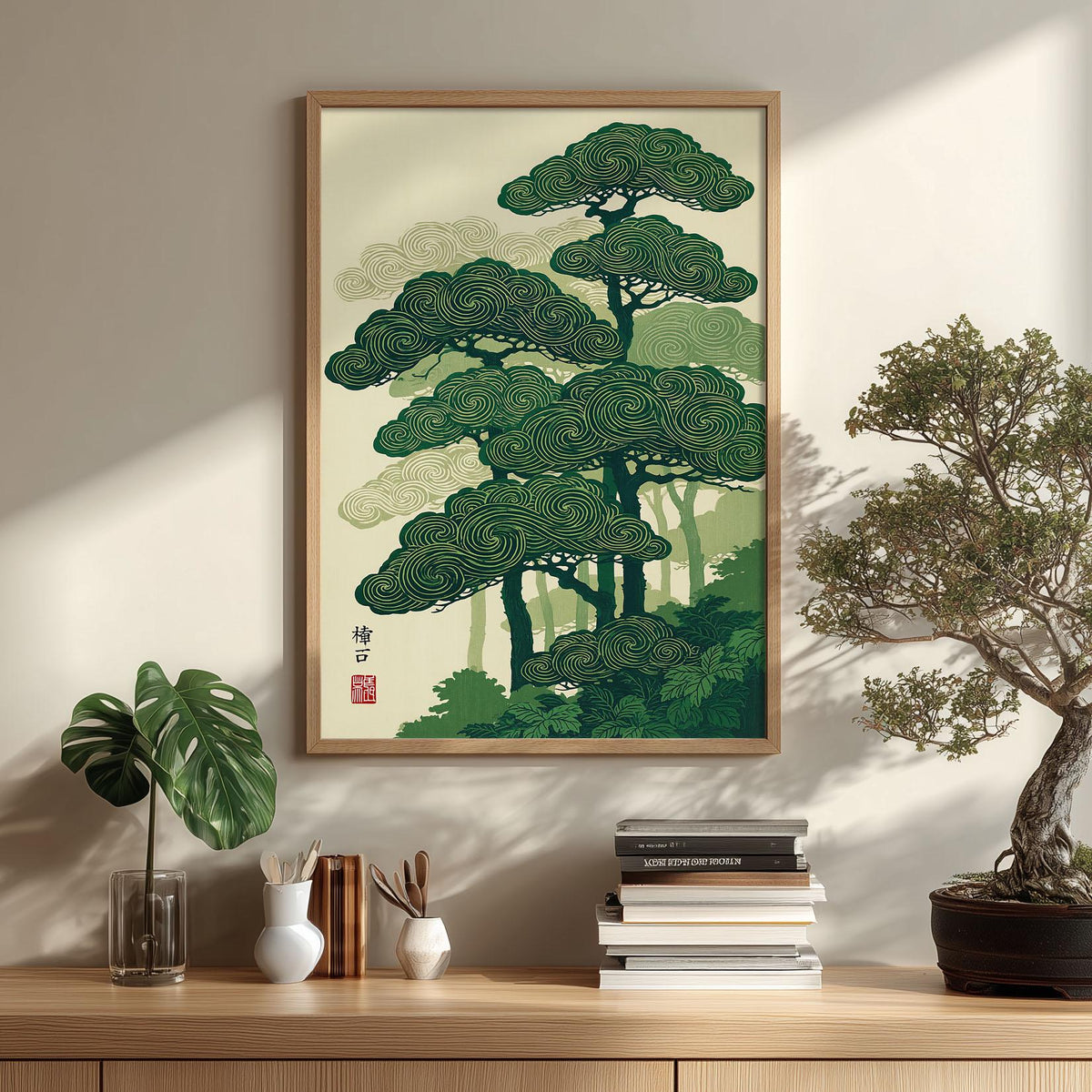 Japanese Pine Tree Print, Zen Forest Wall Art, Asian Landscape Decor