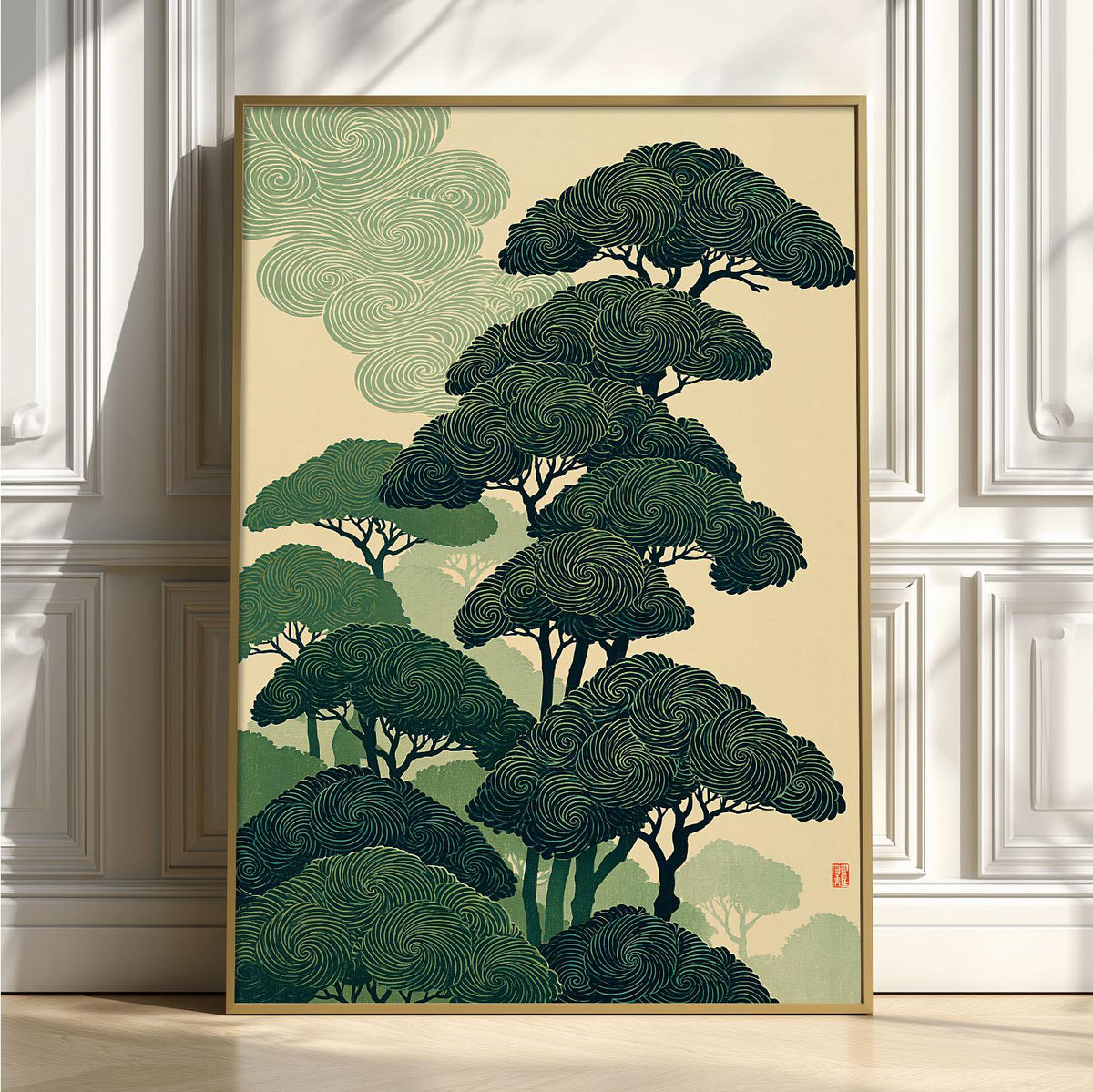 Japanese Pine Tree Forest Poster, Zen Green Asian Nature Wall Art Print