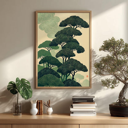 Japanese Pine Tree Forest Poster, Zen Green Asian Nature Wall Art Print