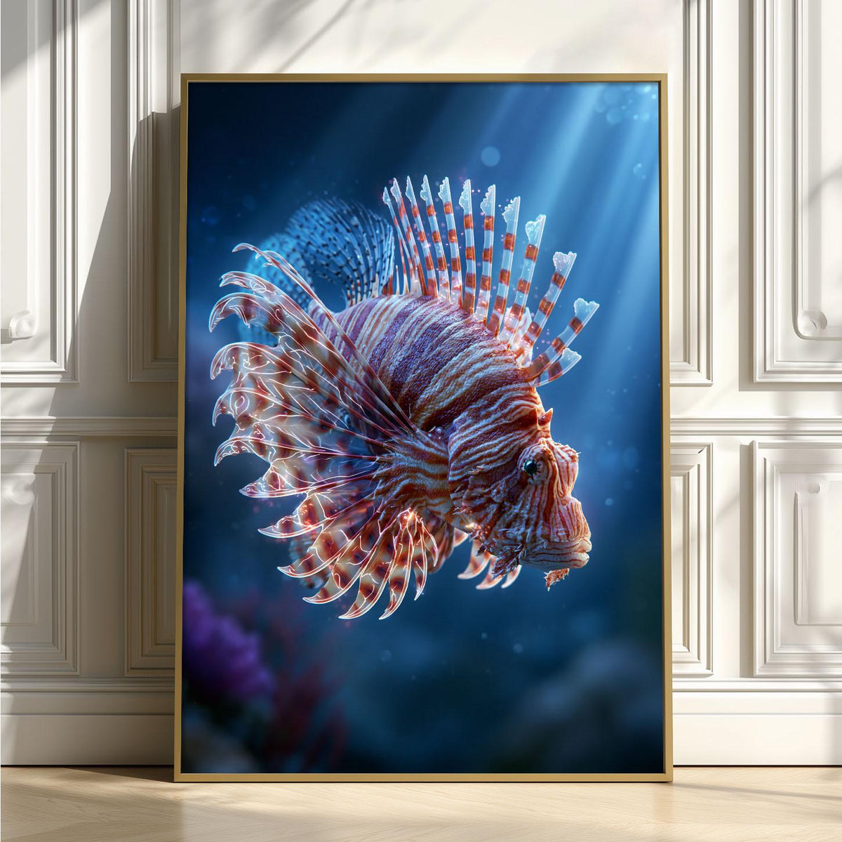 Underwater Lionfish Poster Print, Ocean Wall Art, Tropical Fish Picture, Coastal Bathroom Decor