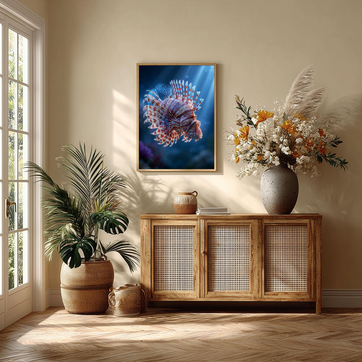 Underwater Lionfish Poster Print, Ocean Wall Art, Tropical Fish Picture, Coastal Bathroom Decor