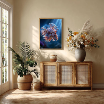 Underwater Lionfish Poster Print, Ocean Wall Art, Tropical Fish Picture, Coastal Bathroom Decor