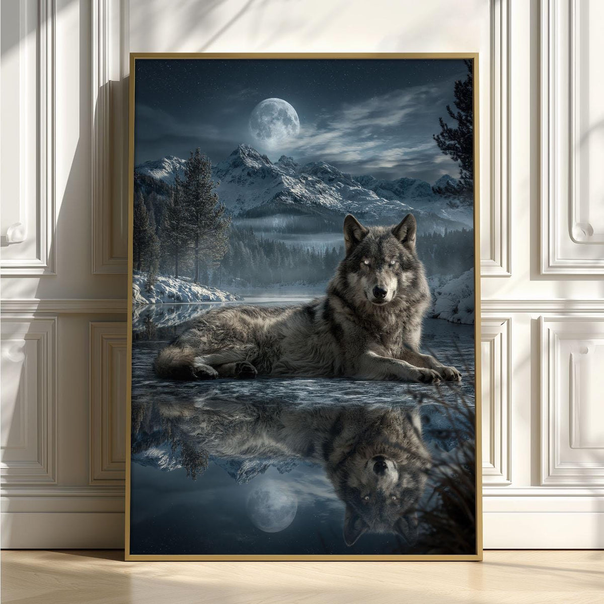 Moonlit Wolf Poster Print, Snowy Mountain Wall Art, Grey Wolf Picture, Wildlife Cabin Decor