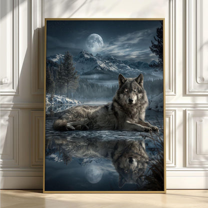 Moonlit Wolf Poster Print, Snowy Mountain Wall Art, Grey Wolf Picture, Wildlife Cabin Decor
