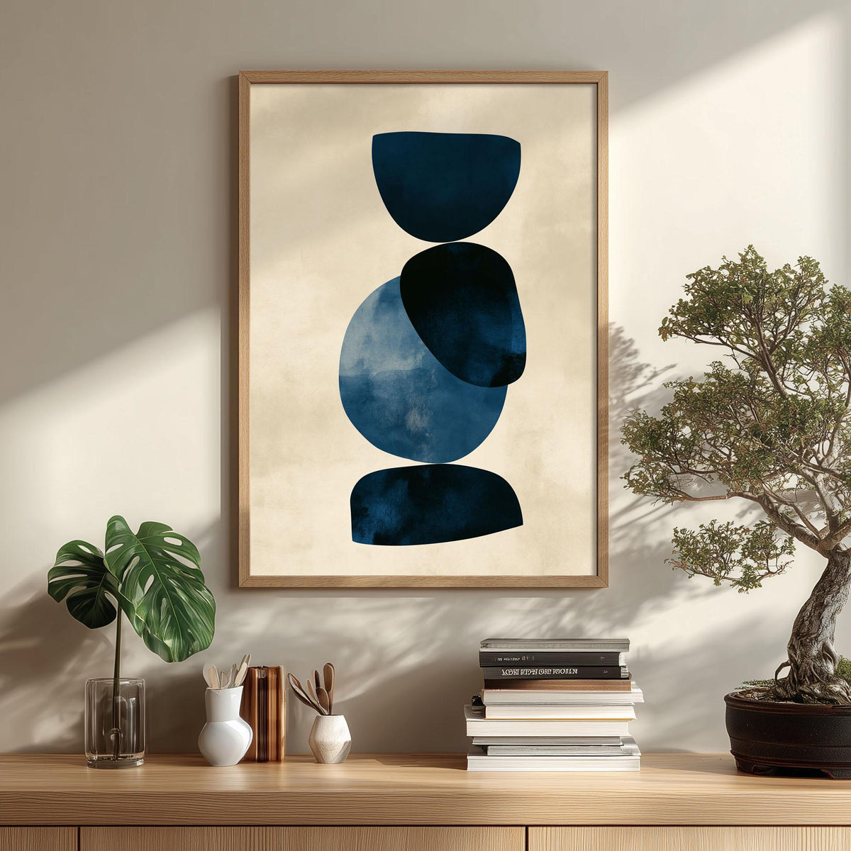 Abstract Blue Poster Print, Navy Geometric Wall Art, Minimalist Shape Picture, Modern Living Room Decor