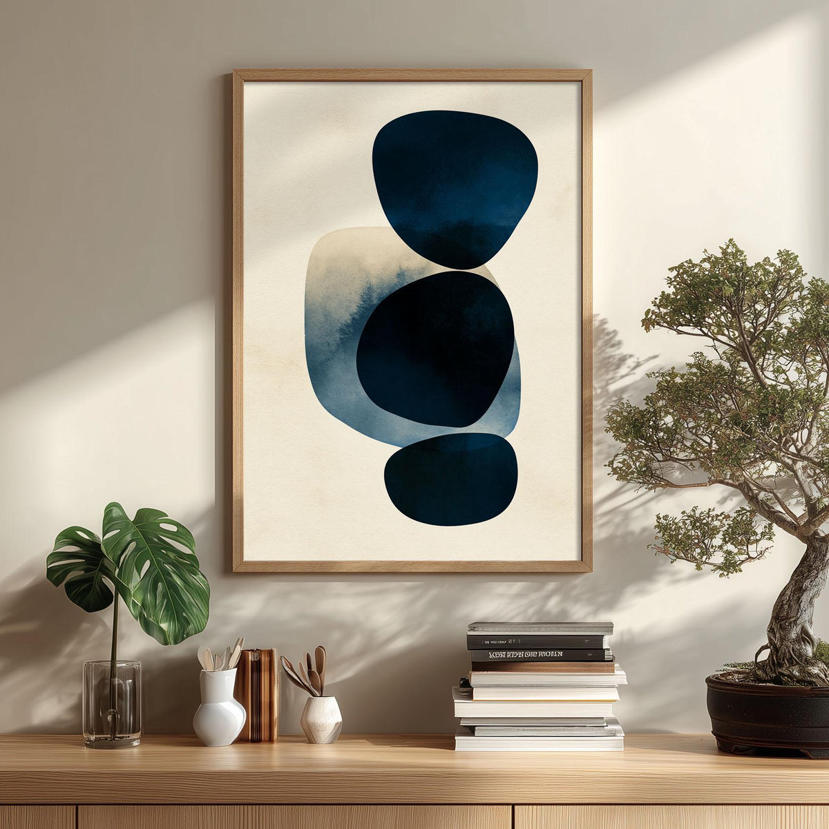 Modern Abstract Poster Print, Navy Blue Wall Art, Minimalist Shape Picture, Geometric Living Room Decor