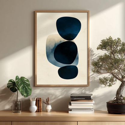 Modern Abstract Poster Print, Navy Blue Wall Art, Minimalist Shape Picture, Geometric Living Room Decor