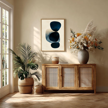 Modern Abstract Poster Print, Navy Blue Wall Art, Minimalist Shape Picture, Geometric Living Room Decor