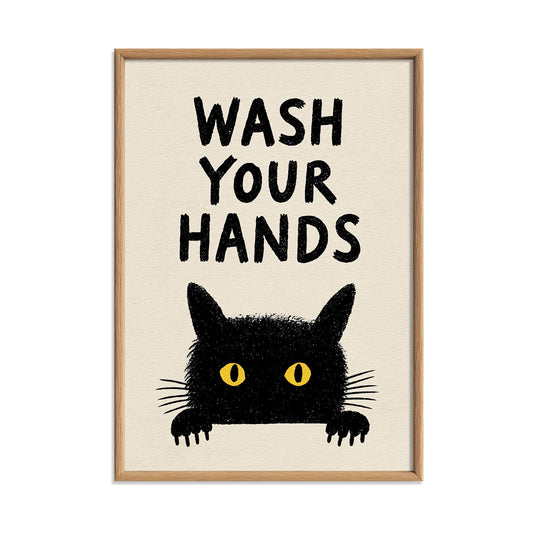 Wash Your Hands Poster – Black Cat Bathroom Print, Funny Toilet Wall Art