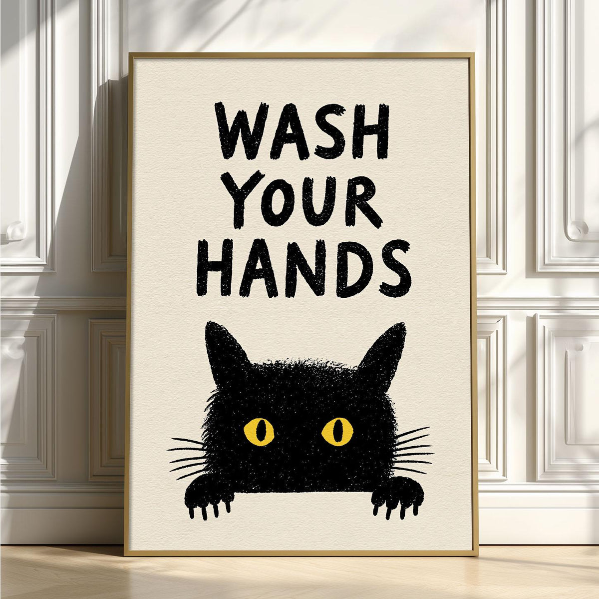 Wash Your Hands Poster – Black Cat Bathroom Print, Funny Toilet Wall Art
