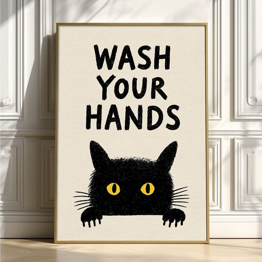Wash Your Hands Poster – Black Cat Bathroom Print, Funny Toilet Wall Art