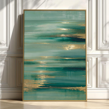 Teal Abstract Wall Art, Coastal Ocean Print, Gold Accents, Modern Decor