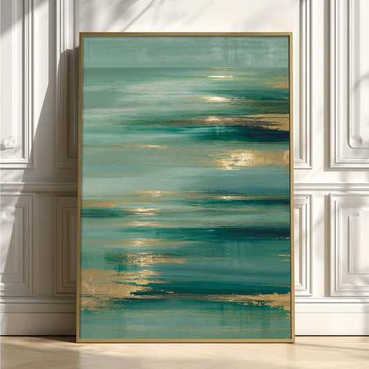 Teal Abstract Wall Art, Coastal Ocean Print, Gold Accents, Modern Decor