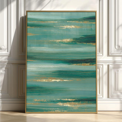 Teal Abstract Ocean Horizon Print, Gold Coastal Wall Art, Living Room Decor