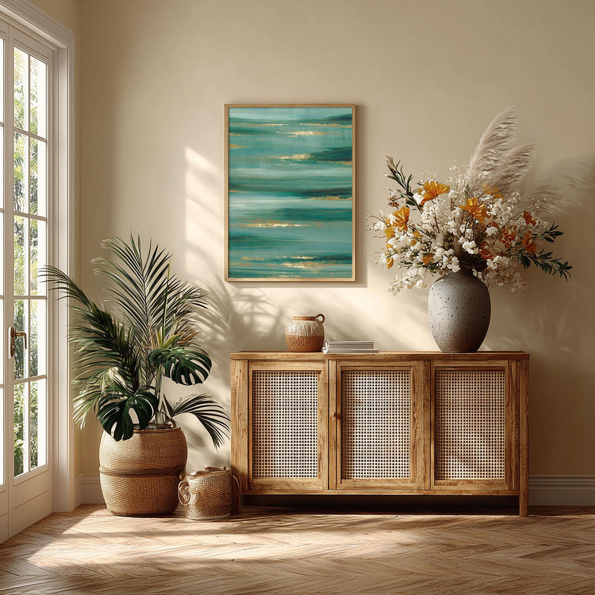 Teal Abstract Ocean Horizon Print, Gold Coastal Wall Art, Living Room Decor