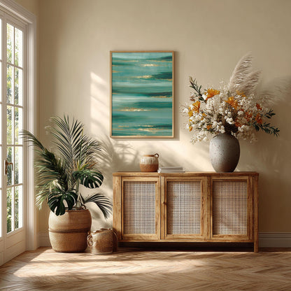 Teal Abstract Ocean Horizon Print, Gold Coastal Wall Art, Living Room Decor