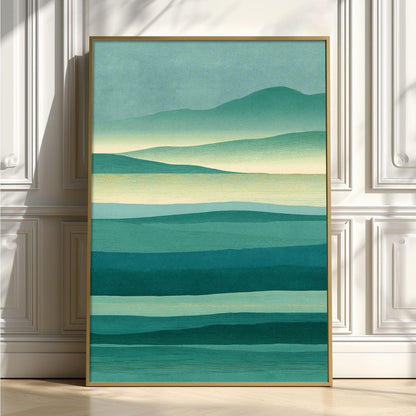 Teal Mountain Landscape Print, Abstract Green Lake Wall Art, Calm Nature Decor
