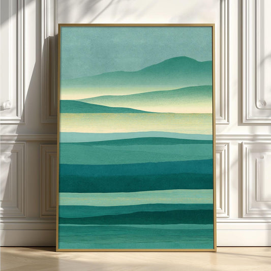 Teal Mountain Landscape Print, Abstract Green Lake Wall Art, Calm Nature Decor